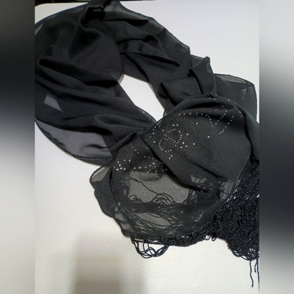 CD Rhinestone Sheer Black Fringe Scarf Unique Stylish Fancy - Picture 4 of 13